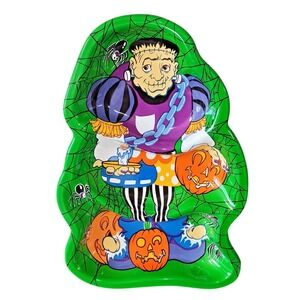 VTG 90s Frankenstein Halloween Party Tray‎ Cheryl Ann Johnson Spiders Retro Dish